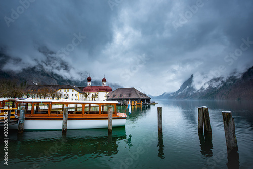 Scenic view of Königssee Lake, Germany in the cloudy day during summer