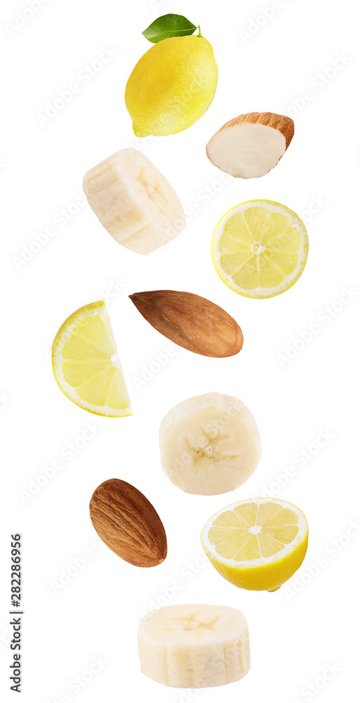 Levitation various fruits isolated on white background