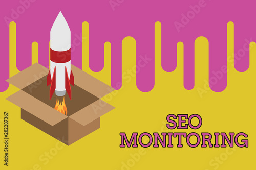 Writing note showing Seo Monitoring. Business concept for Tracking the progress of strategy made in the platform Fire launching rocket carton box. Starting up project. Fuel inspiration