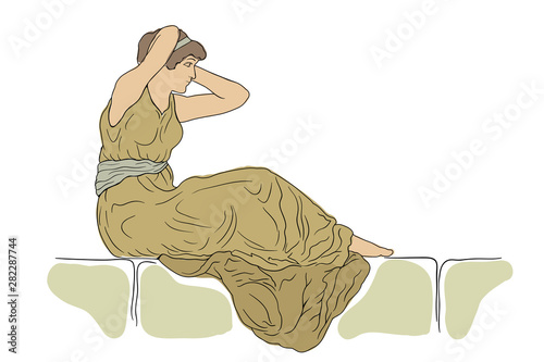 A woman in a long dress sits on a stone parapet and makes her hair. Vector image isolated on white background.