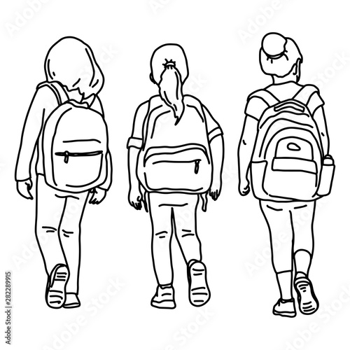 back view of three girl students vector illustration sketch doodle hand drawn with black lines isolated on white background