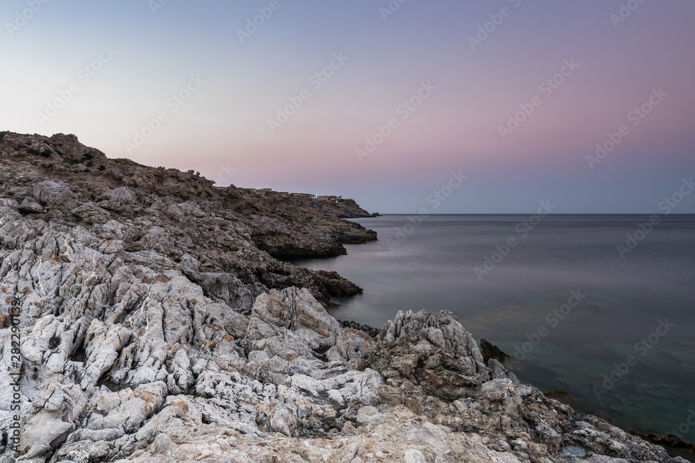Rocky Dramatic Seaside and Mediterranean Sea, Long Exposure Sunrise, Greece