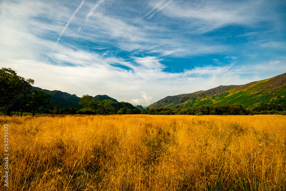 Dry grass field landscape with mountains and blue sky with intermittent clouds - Lake District, Cumbria, England