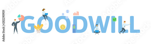 GOODWILL. Concept with people, letters and icons. Colored flat vector illustration. Isolated on white background.