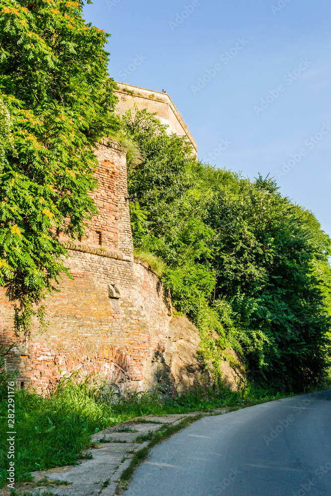 Petrovaradin, Serbia - July 17. 2019: Petrovaradin fortress; Old walls of Petrovaradin fortress