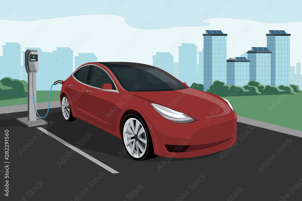Electric car with charging station on a background of eco city using renewable energy. Vector illustration EPS 10