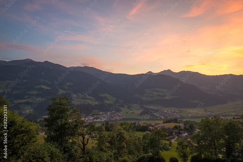 Colorful sunset over the valley Zillertal in Tirol, Austria