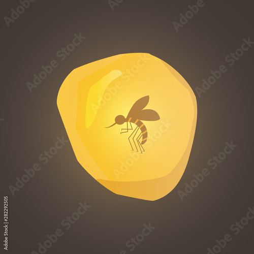 A yellow piece of amber or stone with an insect frozen in it, a mosquito. Piece of amber, stone with a mosquito inside. piece on stone, yellow amber.