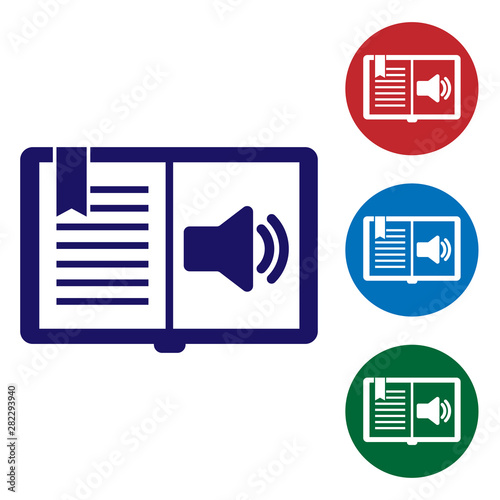 Blue Audio book icon isolated on white background. Audio guide sign. Online learning concept. Set color icon in circle buttons. Vector Illustration