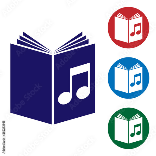 Blue Audio book icon isolated on white background. Musical note with book. Audio guide sign. Online learning concept. Set color icon in circle buttons. Vector Illustration