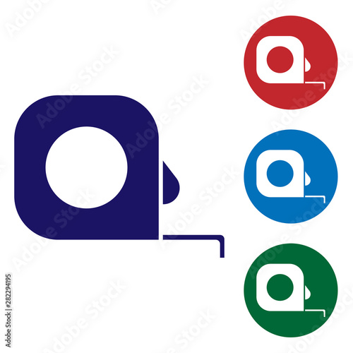 Blue Roulette construction icon isolated on white background. Tape measure symbol. Set color icon in circle buttons. Vector Illustration