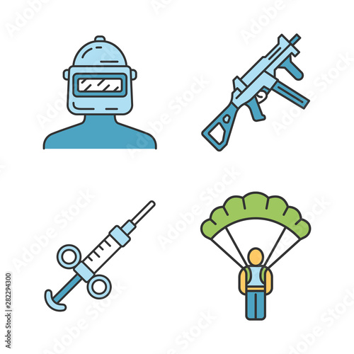 Online game inventory color icons set. Esports, cybersports. Computer, video game equipment. Safety helmet, weapon, gun, parachute, adrenaline syringe. Isolated vector illustrations