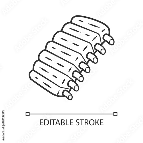 Beef ribs linear icon. BBQ lamb, pork baby-back ribs on bone. Meat food. Butcher shop product. Restaurant menu. Thin line illustration. Contour symbol. Vector isolated outline drawing. Editable stroke