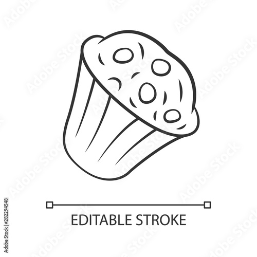 Muffin linear icon. Cupcake with chocolate chips, berries, topping. Sweet shop, confectionery, bakery menu. Thin line illustration. Contour symbol. Vector isolated outline drawing. Editable stroke