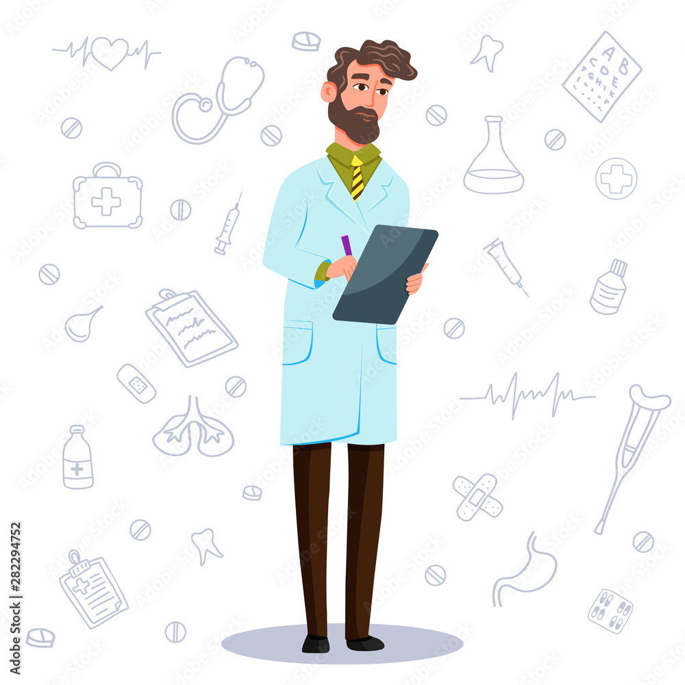 Adult chief doctor administrator male man. Vector flat illustration color on white background with cardiology, surgery tools object icons: heart cardiogram, pills, stethoscope, medical prescription Adult chief doctor administrator male man. Vector flat illustration color on white background with cardiology, surgery tools object icons: heart cardiogram, pills, stethoscope, medical prescription