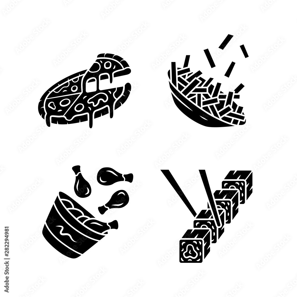 Fast food glyph icons set. Pizza, french fries, chicken drumsticks, sushi. Italian, american and asian cuisine. Fat dishes. Restaurant, cafe menu. Silhouette symbols. Vector isolated illustration Fast food glyph icons set. Pizza, french fries, chicken drumsticks, sushi. Italian, american and asian cuisine. Fat dishes. Restaurant, cafe menu. Silhouette symbols. Vector isolated illustration