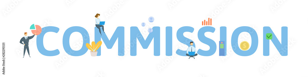 Commission. Concept with people, letters and icons. Colored flat vector illustration. Isolated on white background.