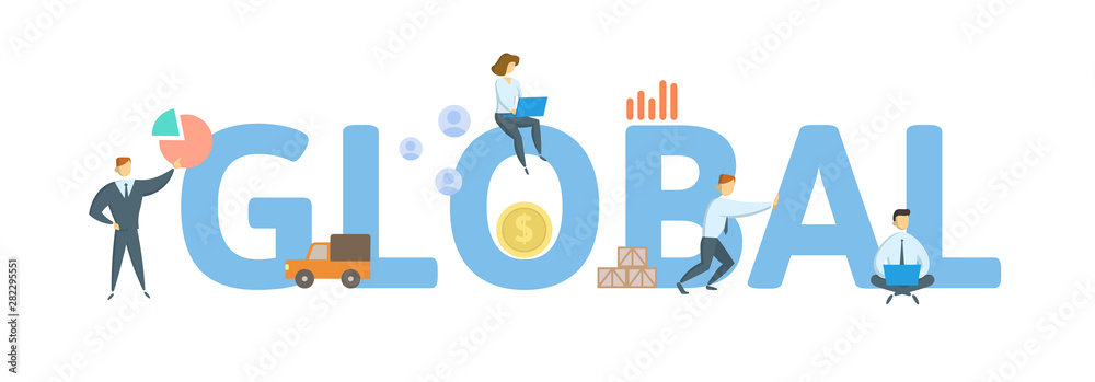GLOBAL. Concept with people, letters and icons. Colored flat vector illustration. Isolated on white background. GLOBAL. Concept with people, letters and icons. Colored flat vector illustration. Isolated on white background.