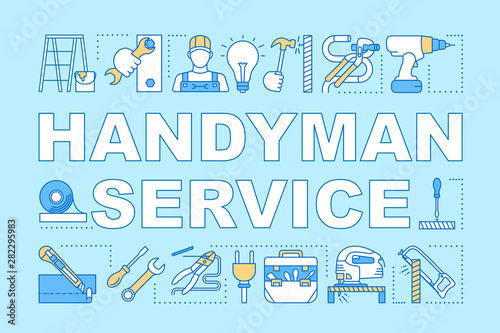 Handyman service word concepts banner. Home repair. Broken things fix. House maintenance. Presentation, website. Isolated lettering typography idea with linear icons. Vector outline illustration