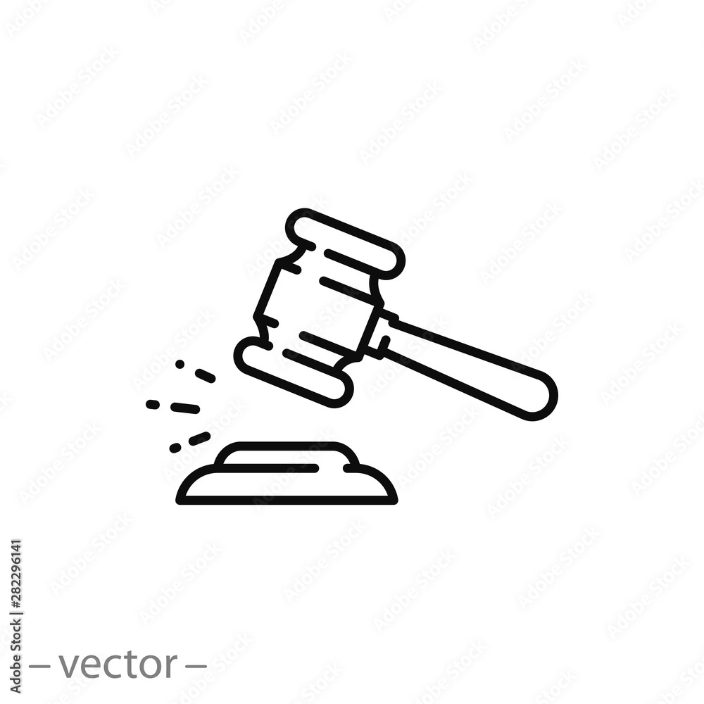 judge gavel icon, concept punishment, bid auction, thin line symbol on