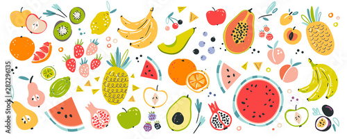 Fruit collection in flat hand drawn style, illustrations set. Tropical fruit ...