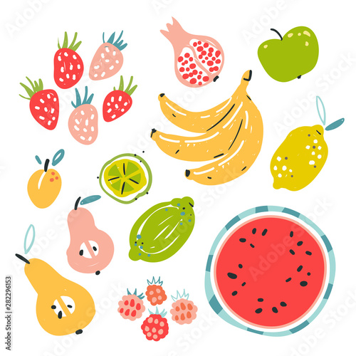 Fruit collection in flat hand drawn style, illustrations set. Tropical fruit and graphic design elements. Ingredients color cliparts. Sketch style smoothie or juice ingredients.