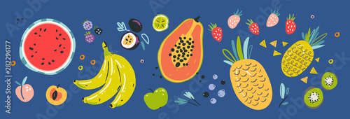 Fruit collection in flat hand drawn style, illustrations set. Tropical fruit and graphic design elements. Ingredients color cliparts. Sketch style smoothie or juice ingredients.