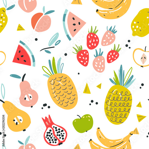 Fruit seamless pattern in flat hand drawn style, endless background. Tropical fruit design fabric texture. Sketch style ingredients color cliparts. Scandinavian style cartoon items, good for textile 