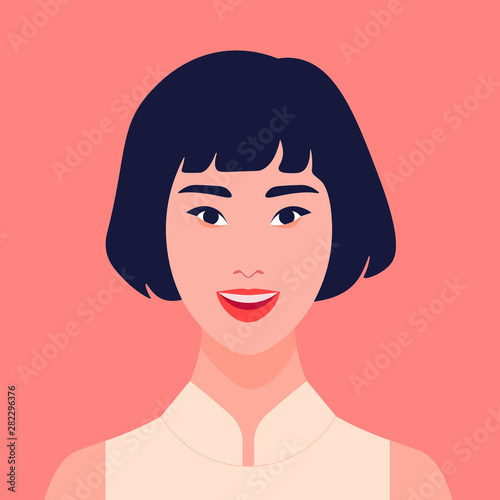 Avatar of an Asian girl. Happy eastern student. The happy woman smiles. Vector flat illustration