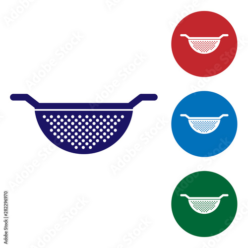 Blue Kitchen colander icon isolated on white background. Cooking utensil. Cutlery sign. Set color icon in circle buttons. Vector Illustration