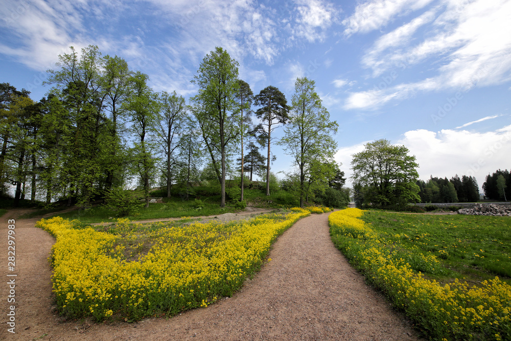 Obraz premium Mon repos - rocky landscape park of the 18th century on the bank of the Zashchitnaya Bay in the city of Vyborg, Russia