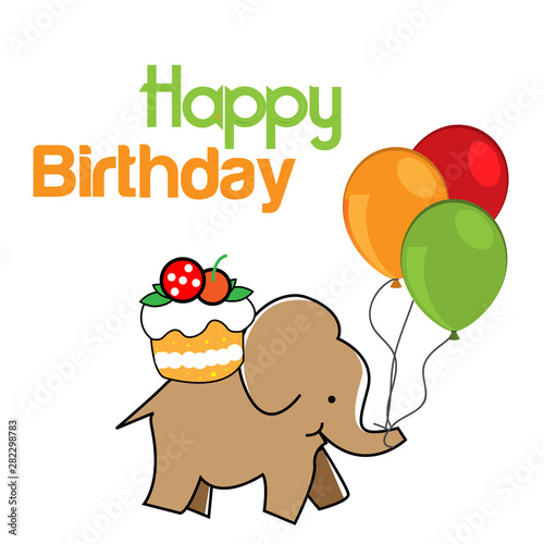 Happy birthday vector design with elephant bring cake and balloons. © asalaa