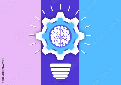 Creative light bulb with gears and brain working together. Brainstorming, intellectual power, a new concept of innovative ideas.