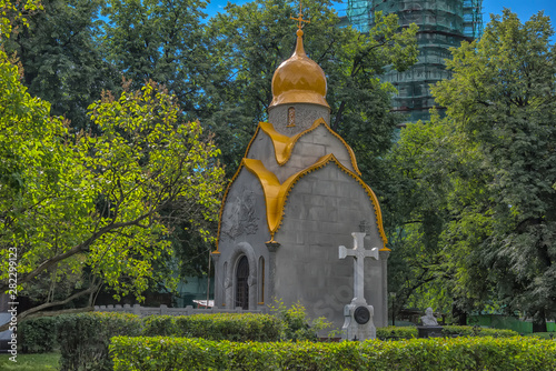Architecture of Novodevichy convent in Moscow. Popular touristic lanmdark. UNESCO World Heritage Site. photo