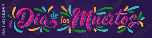Dia de Los Muertos lettering sign. Inscription Mexican Day of the Dead with colorful flourish elements on dark background. Vector illustration for greeting cards, poster, party flyer, invitations