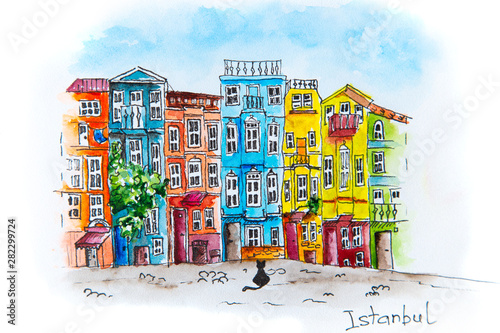 Colorful houses of Balat district, Istanbul.