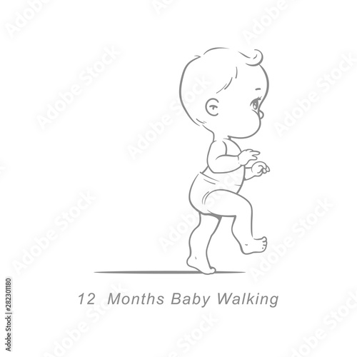 Little baby of 12 month. Physical, emotional development milestones in first year. Cute little baby boy or girl in diaper walking.. First steps.. Infographics with text. Vector illustration.