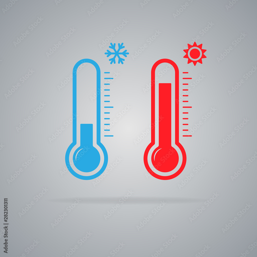 Red and blue thermometer isolated on a gray background. Sun and snowflakes icon. Vector illustration. Red and blue thermometer isolated on a gray background. Sun and snowflakes icon. Vector illustration.