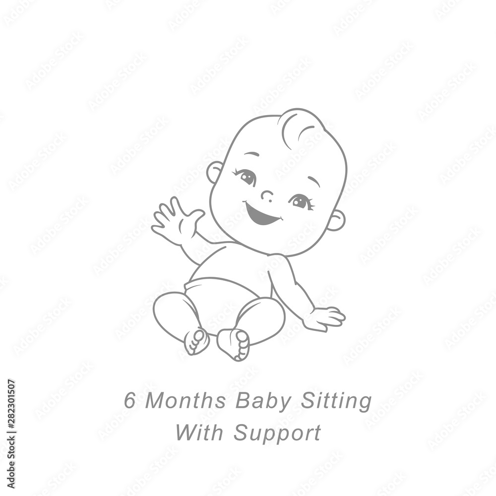 Little baby of 6 month. Physical, emotional development milestones in first year. Cute little baby boy or girl in diaper sitting. Infographics with text. Vector illustration. Little baby of 6 month. Physical, emotional development milestones in first year. Cute little baby boy or girl in diaper sitting. Infographics with text. Vector illustration.