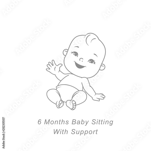 Little baby of 6 month.  Physical, emotional development milestones in first year.  Cute little baby boy or girl  in diaper sitting. Infographics  with text. Vector illustration.