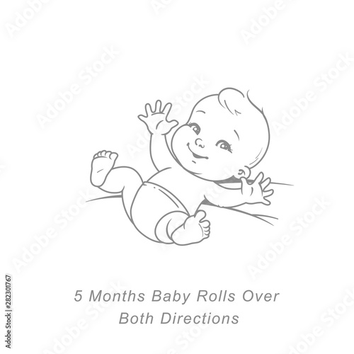 Little baby of 5 month.  Physical, emotional development milestones in first year.  Cute little baby boy or girl  in diaper lay on back.. First year. Infographics  with text. Vector illustration.