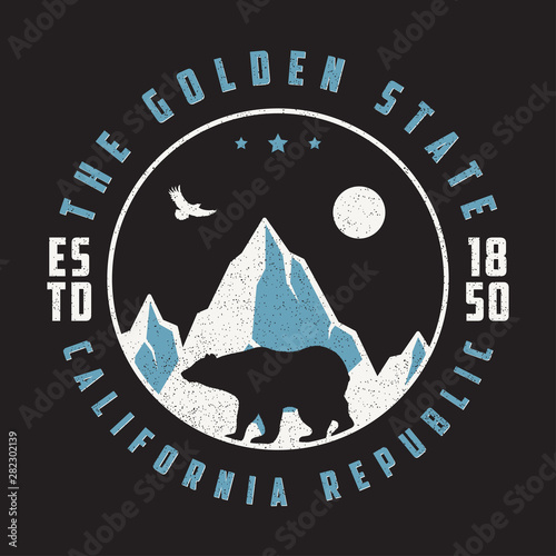 California vintage t shirt with grizzly bear, mountains and eagle. Retro typography graphic for design tee shirt and apparel with grunge. Vector illustration.