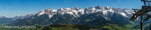 Panoramic view at the Steinberge behind Hintermoos and Maria Alm am Steinernen Meer from the top of a cableway