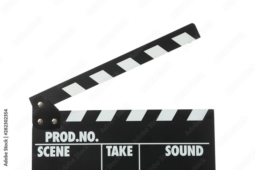 Clapper board isolated on white background, close up