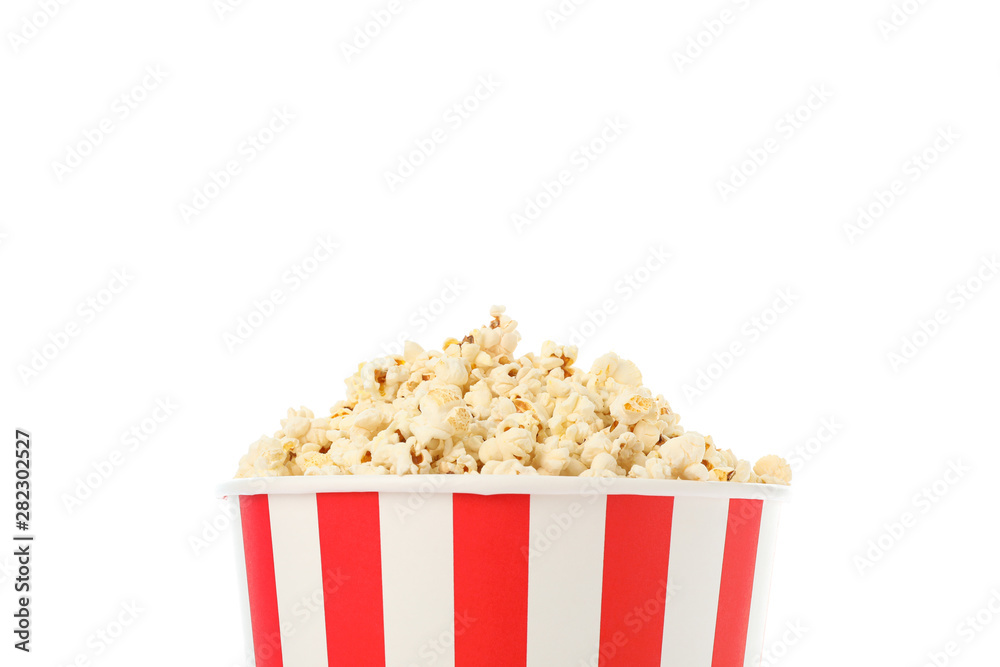 Fototapeta premium Striped bucket with popcorn isolated on white background