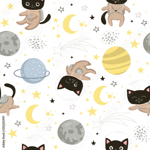 Seamless pattern with cute cats astronauts in helmets. Seamless background for kids design, wrapping paper, wallpaper, textile, apparel, fabric. Vector illustration EPS10
