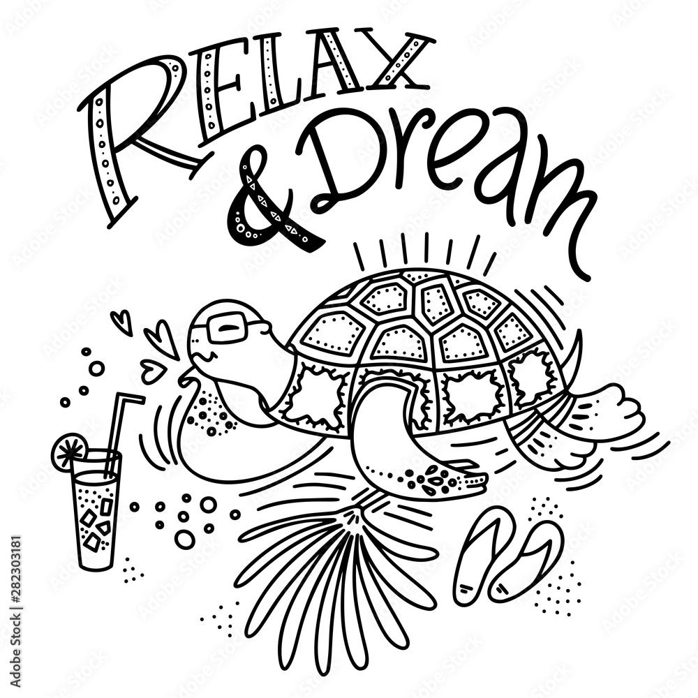 Hand drawn doodle style design, cute beach scene with big turtle, palm leaf and juce glass on the white background. Vector illustration.