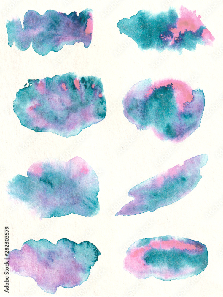 Set of bright abstract watercolor two-tone spots turquoise and pink