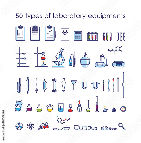 Multicolor illustration with 50 types of laboratory equipments and instruments in a flat style with a wide outline. Set of icons to illustrate chemical research. photo