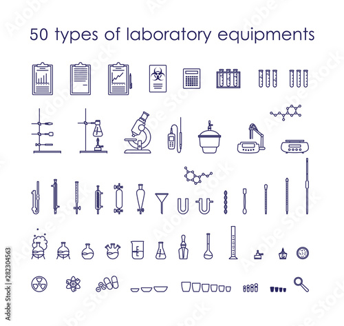 Line icons with 50 types of laboratory equipments and instruments. Set of images to illustrate chemical research.